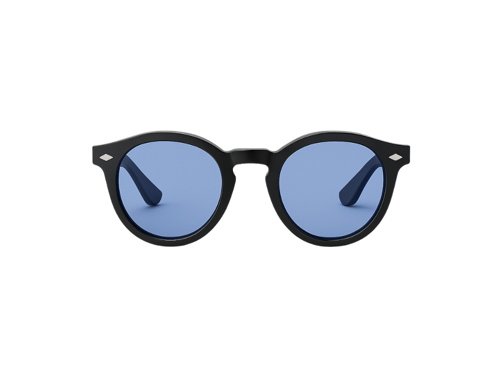 „Runde Sonnenbrille Azure von Yume Atelier mit blauen Gläsern und schwarzem Rahmen – modernes Unisex-Design mit UV-Schutz“