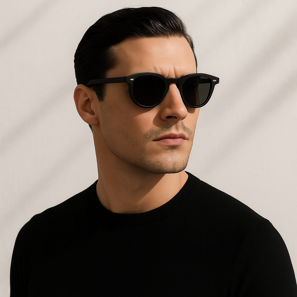 „Yume Atelier Sonnenbrille Noir – schwarze Unisex-Brille mit dunklen UV-400 Gläsern aus Acetat auf weißem Hintergrund“