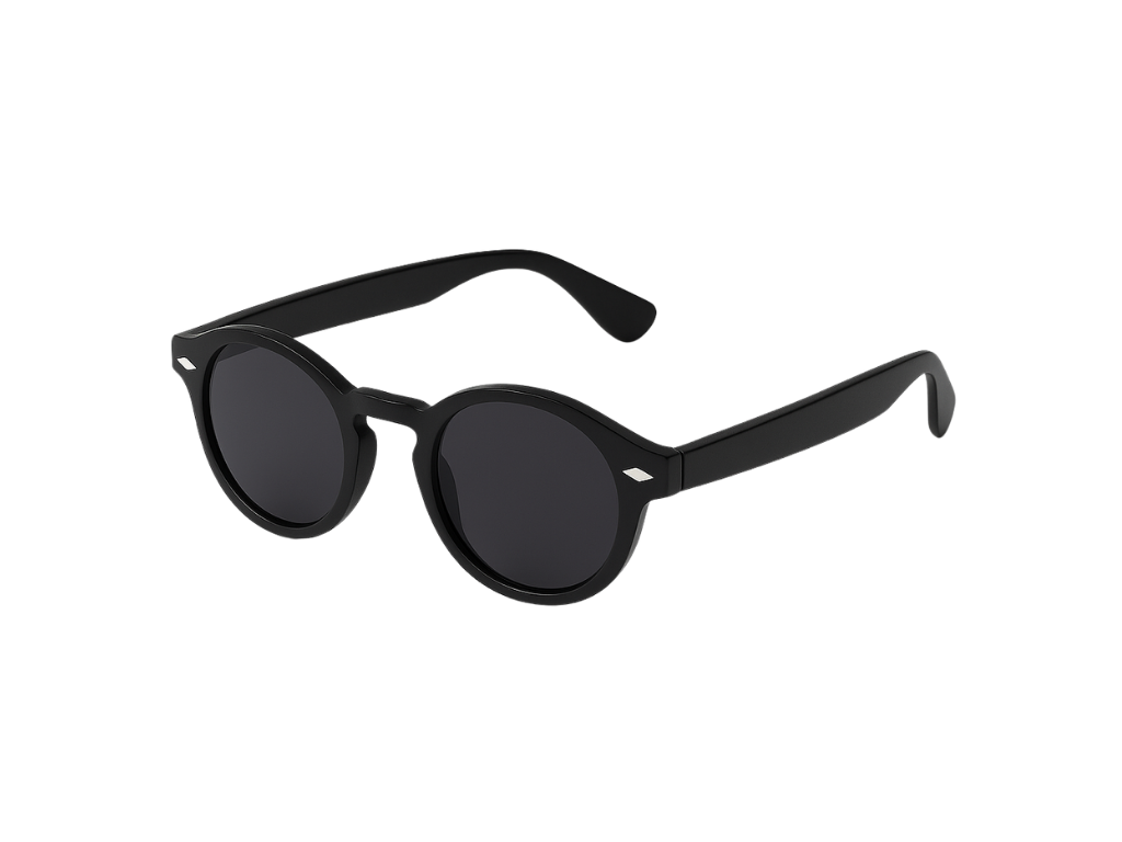 „Yume Atelier Sonnenbrille Noir – schwarze Unisex-Brille mit dunklen UV-400 Gläsern aus Acetat auf weißem Hintergrund“