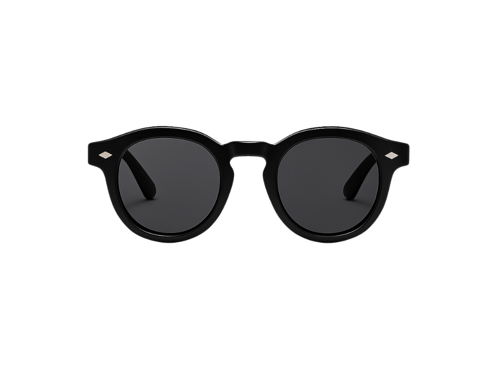 „Yume Atelier Sonnenbrille Noir – schwarze Unisex-Brille mit dunklen UV-400 Gläsern aus Acetat auf weißem Hintergrund“